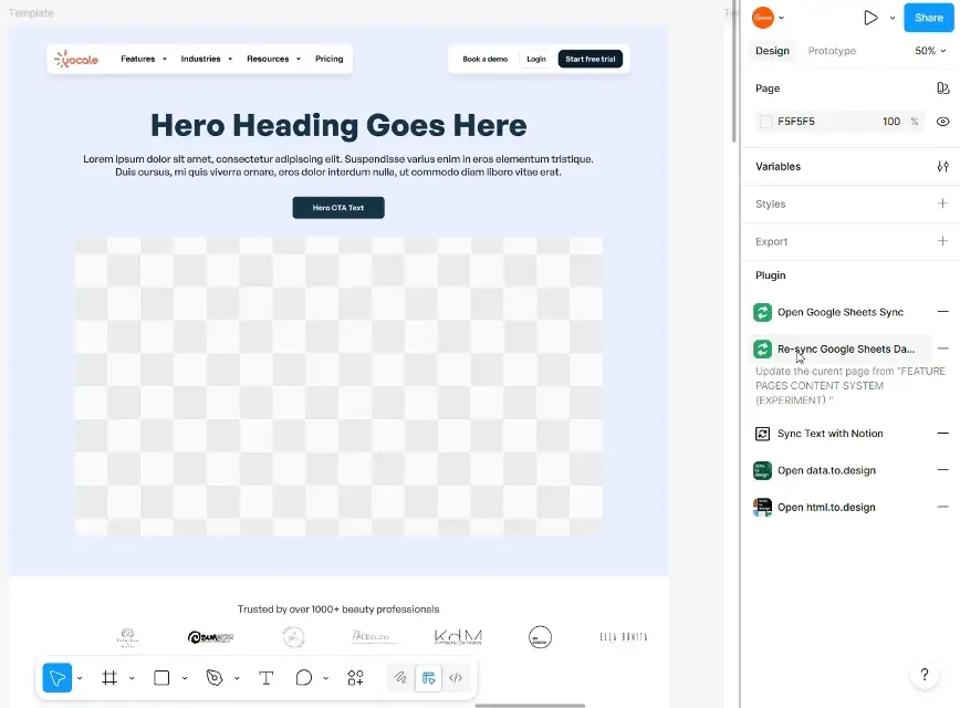 Screen recording of the Notion to Figma Sync plugin syncing Notion database content into Figma design layers, demonstrating content translation across languages